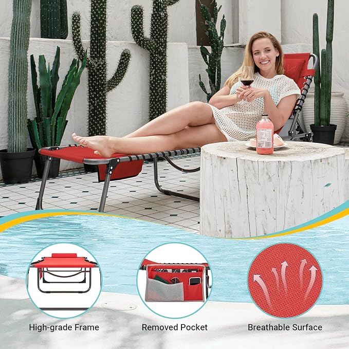 #WEJOY Outdoor Folding Chaise Lounge Chair for Outside, Patio, Beach, Poolside, Sunbathing, Adjustable 5-Position Reclining Chairs, Heavy Duty Camping Cot with Shoulder Strap and Pillow, Red