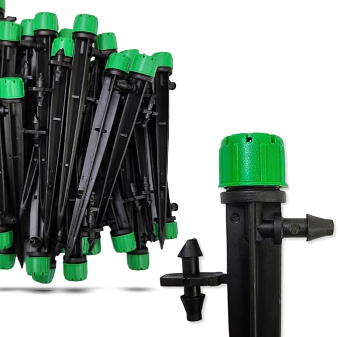 (100-PACK) - 1/4" Inch 360 Degree Drip Emitter On 6" Stake Sprayer Adjustable Flow 0-20 GPH, Fits 1/4 (4-6mm) Irrigation Tubing - Micro Bubbler Drippers for Drip Irrigation (50 Pack Dripper on Stake)-BloomoryGarden