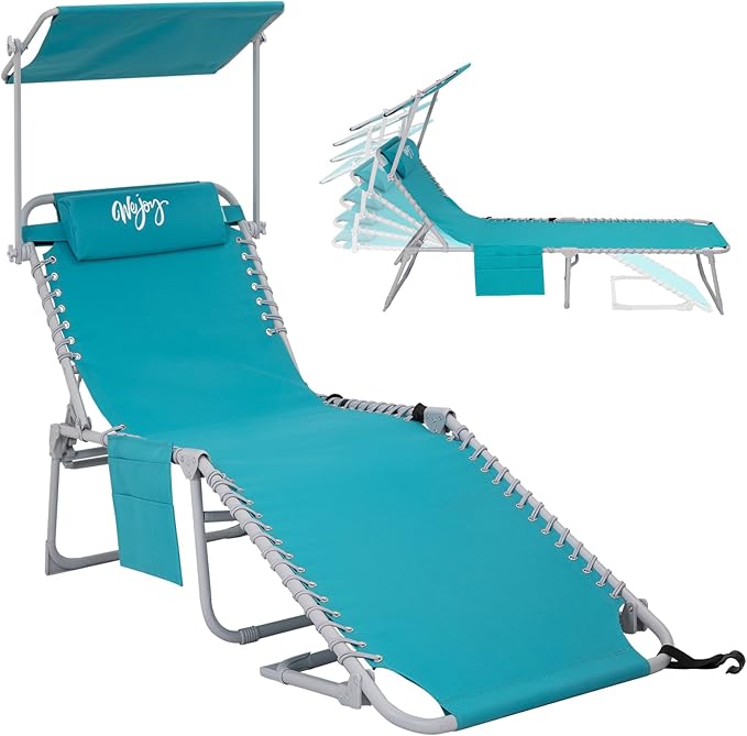 #WEJOY Folding Tanning Chair with Canopy Shade, Portable Adjustable 5-Position Patio Chaise Lounge with Pillow & Storage Pocket for Lay Flat Outdoor Lawn Backyard Beach Camping Pool (Cyan)