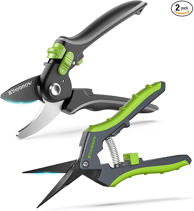 Garden Shears Set: 8.5" Bypass Pruning Shears & 6.5" Straight Trimming Scissors, Ultra-Sharp Garden Scissors with Stainless Steel Blades, Safety Lock, Gardening Gifts for Women Men, 2 Pack-BloomoryGarden