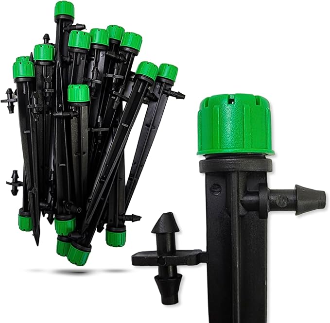 (100-PACK) - 1/4" Inch 360 Degree Drip Emitter On 6" Stake Sprayer Adjustable Flow 0-20 GPH, Fits 1/4 (4-6mm) Irrigation Tubing - Micro Bubbler Drippers for Drip Irrigation (25 Pack Dripper on Stake)-BloomoryGarden