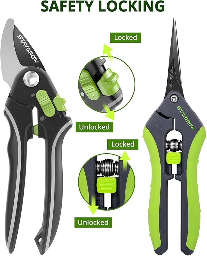 Garden Shears Set: 8.5" Bypass Pruning Shears & 6.5" Straight Trimming Scissors, Ultra-Sharp Garden Scissors with Stainless Steel Blades, Safety Lock, Gardening Gifts for Women Men, 2 Pack-BloomoryGarden