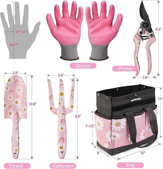 WORKPRO 5PCS Garden Tool Set, Aluminum Heavy Duty Gardening Tool Set with Garden Tool Bag, Outdoor Garden Hand Tools, Pink, Garden Gifts-BloomoryGarden