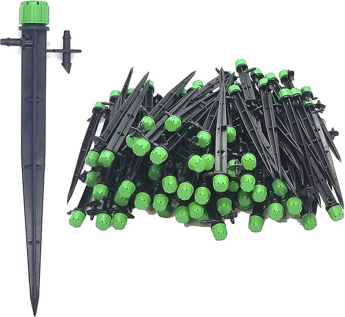 (100-PACK) - 1/4" Inch Universal 360* Degree Drip Emitter On 5" Stake - Adjustable Flow 0-18.5 GPH Fit 1/4 (4-7mm) Drip Irrigation Tubing - Professional Grade Drippers for Drip Irrigation-BloomoryGarden