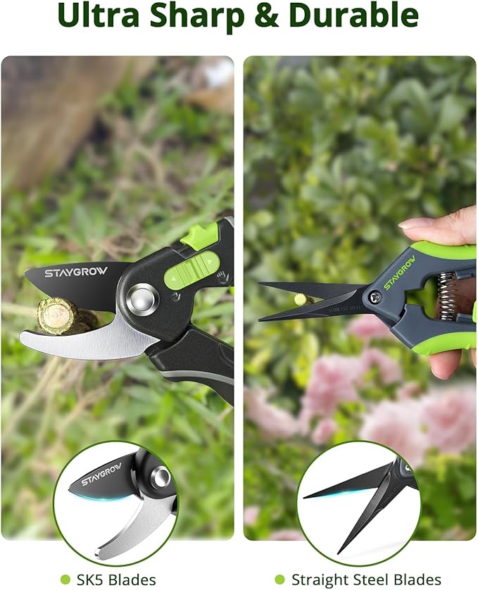 Garden Shears Set: 8.5" Bypass Pruning Shears & 6.5" Straight Trimming Scissors, Ultra-Sharp Garden Scissors with Stainless Steel Blades, Safety Lock, Gardening Gifts for Women Men, 2 Pack-BloomoryGarden