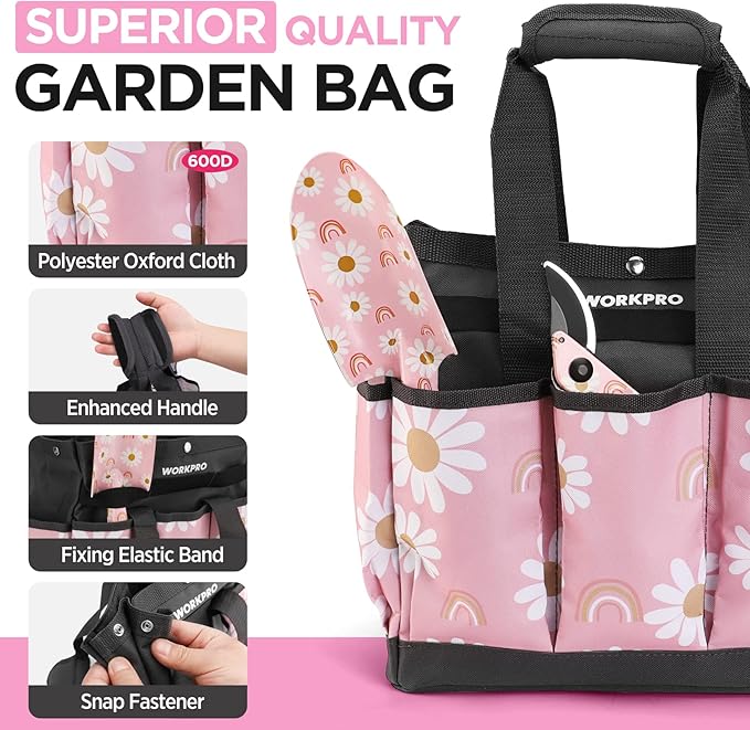 WORKPRO 5PCS Garden Tool Set, Aluminum Heavy Duty Gardening Tool Set with Garden Tool Bag, Outdoor Garden Hand Tools, Pink, Garden Gifts-BloomoryGarden
