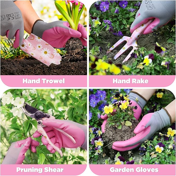 WORKPRO 5PCS Garden Tool Set, Aluminum Heavy Duty Gardening Tool Set with Garden Tool Bag, Outdoor Garden Hand Tools, Pink, Garden Gifts-BloomoryGarden