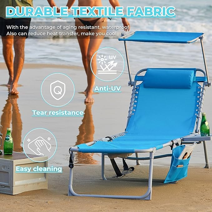 #WEJOY 4 in 1 Tanning Chair with Face Hole & Canopy & Side Table, 5 Positions Adjustable Folding Waterproof Facedown Chaise Lounge with Pillow Quick Dry for Beach Pool Outdoor Camping Patio (Blue)