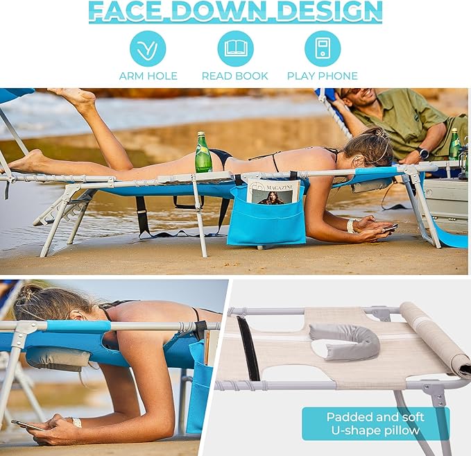 #WEJOY 4 in 1 Tanning Chair with Face Hole & Canopy & Side Table, 5 Positions Adjustable Folding Waterproof Facedown Chaise Lounge with Pillow Quick Dry for Beach Pool Outdoor Camping Patio (Khaki)